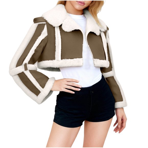 Women's Y2K Patchwork Faux Fur Cropped Jacket - Shearling Lined Open Front Winter Coat, Color Block Lapel Casual Streetwear Outerwear