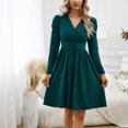 thumbnail image 2 of Solid Color V-Neck Wrap Dress for Women Long Sleeve Knee Length Dress Slim Waist Pleated Casual Short Dress, 2 of 8
