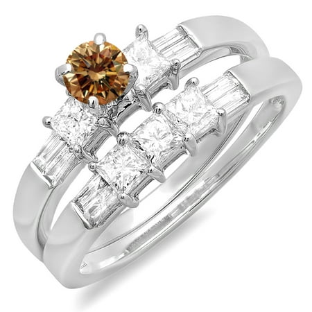 1.00 Carat (ctw) 10K White Gold Round Princess & Baguette Cut Champagne & White Diamond Ladies Bridal Engagement Ring Se