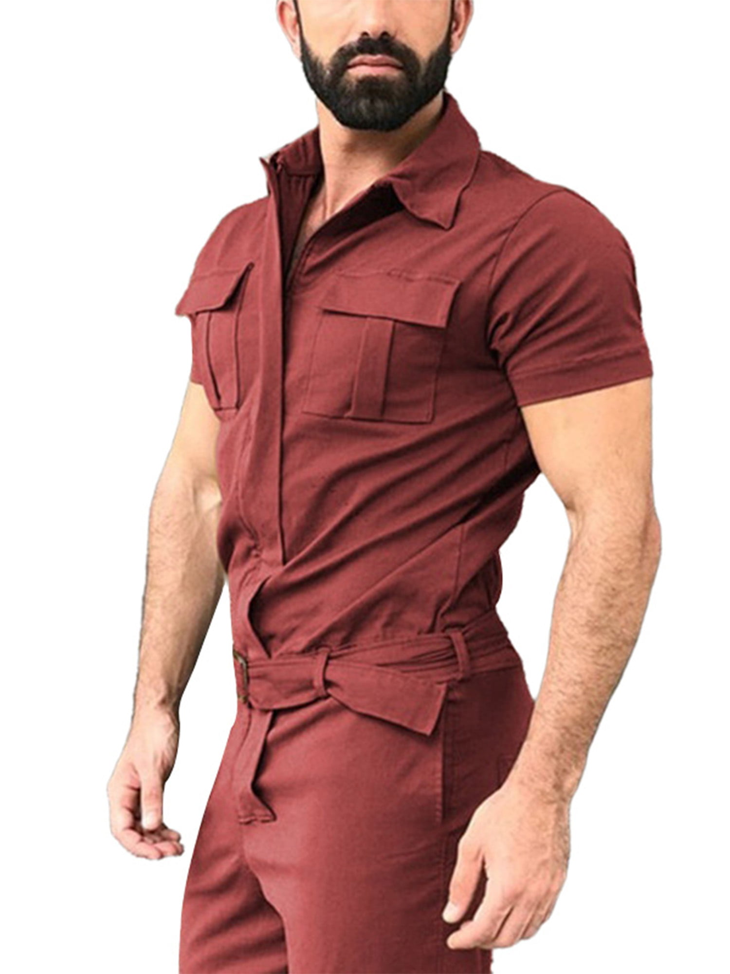 Men's One Piece Rompers Casual Zipper Short Tracksuits Coverall Playsuits with Pockets 