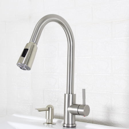 BETTER HOMES & GARDENS ELMONT HIGH SPOUT SINGLE HANDLE PULL DOWN KITCHEN FAUCET WITH SOAP DISPENSER, SATIN NICKEL