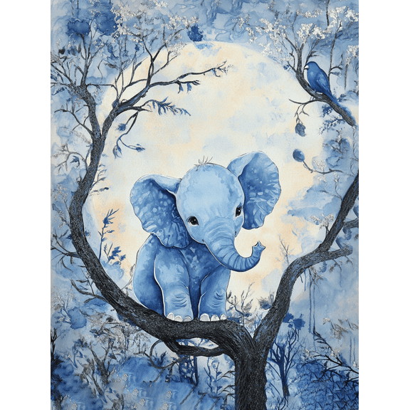 Blue Elephant Treetop Wall Art/Canvas Print, Suitable for Living Room, Bedroom, Nursery, Office, and Gallery Wall Decor.