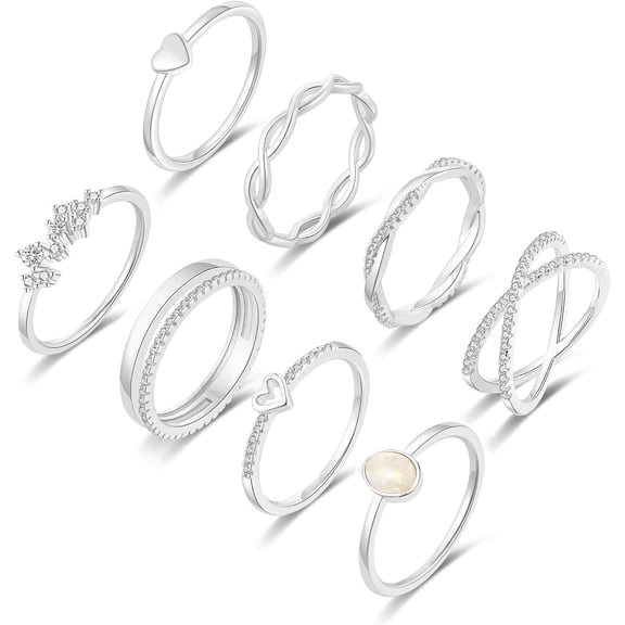 8PCS 14K Gold/Silver Plated Ring Set for Women Dainty CZ Simulated Diamond Ring Eternity Band Non-Tarnish Gold Stackable Ring Size 4-11