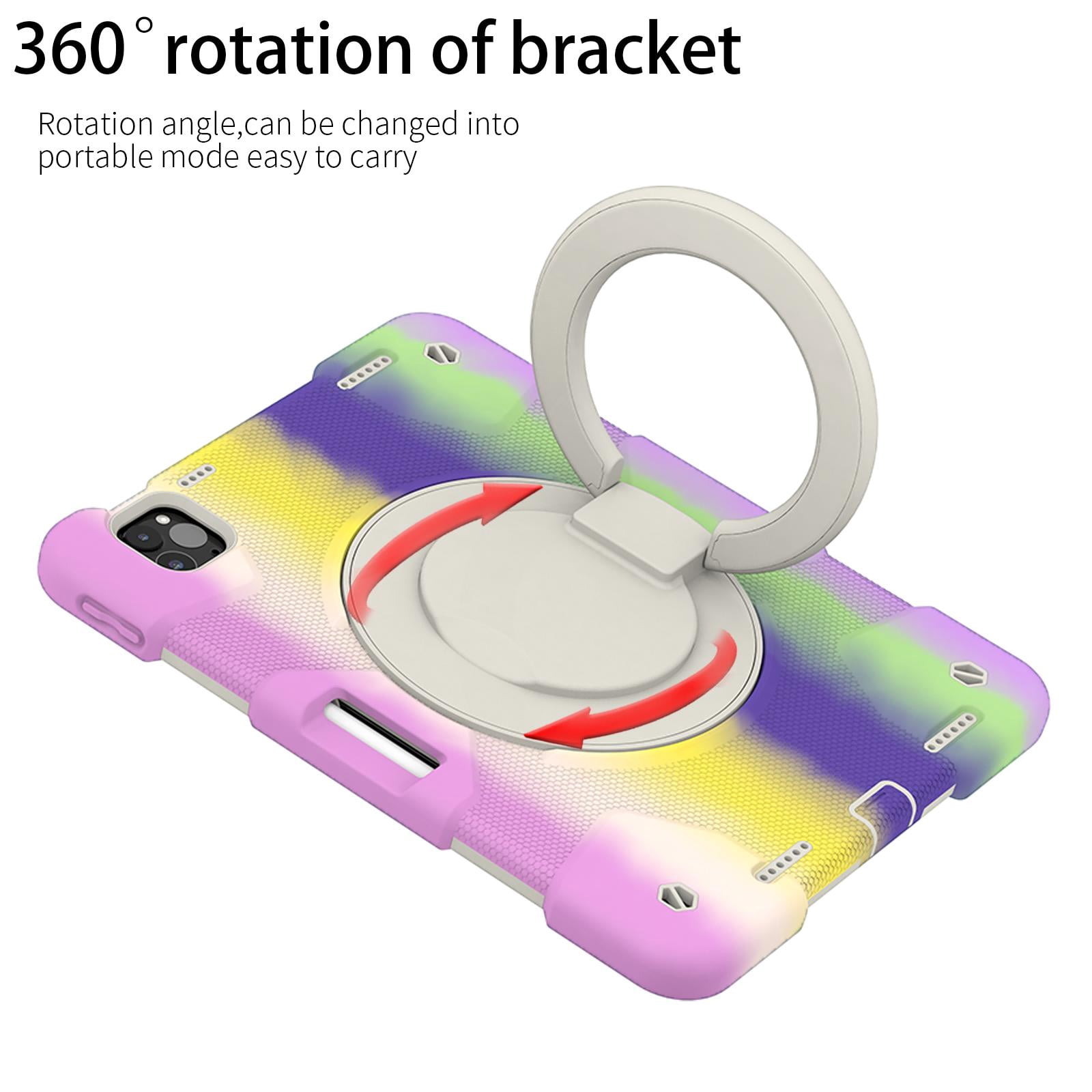 ELEHOLD Military Grade Shockproof Case For Apple iPad Air 11 (2024), Heavy Duty Protection Ring Stand Cover, Adjustable Angel, Detachable Shoulder Strap, Pencil Holder, Colorful Purple