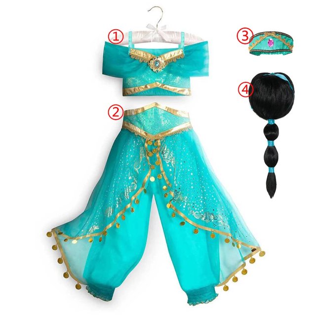 Disney Jasmine-Vestido de princesa aladdín, lámpara mágica, disfraz de fiesta de cumpleaños para niñas, Top + pantalón + diadema, ropa de carnaval