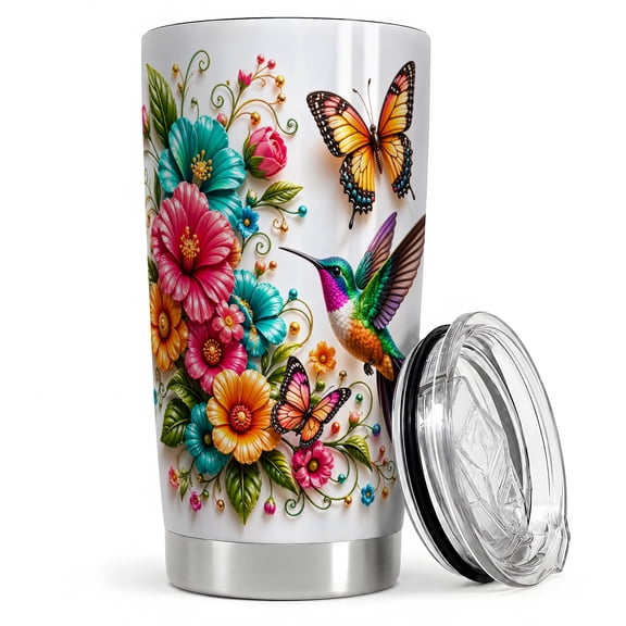 Floral Hummingbird 20oz Tumbler, Floral Hummingbird Tumbler, Daily Coffee Cup for Travel, Bright Garden Scene with Butterflies, Teal Flowers, Pink Blossoms, Bird Art for Women