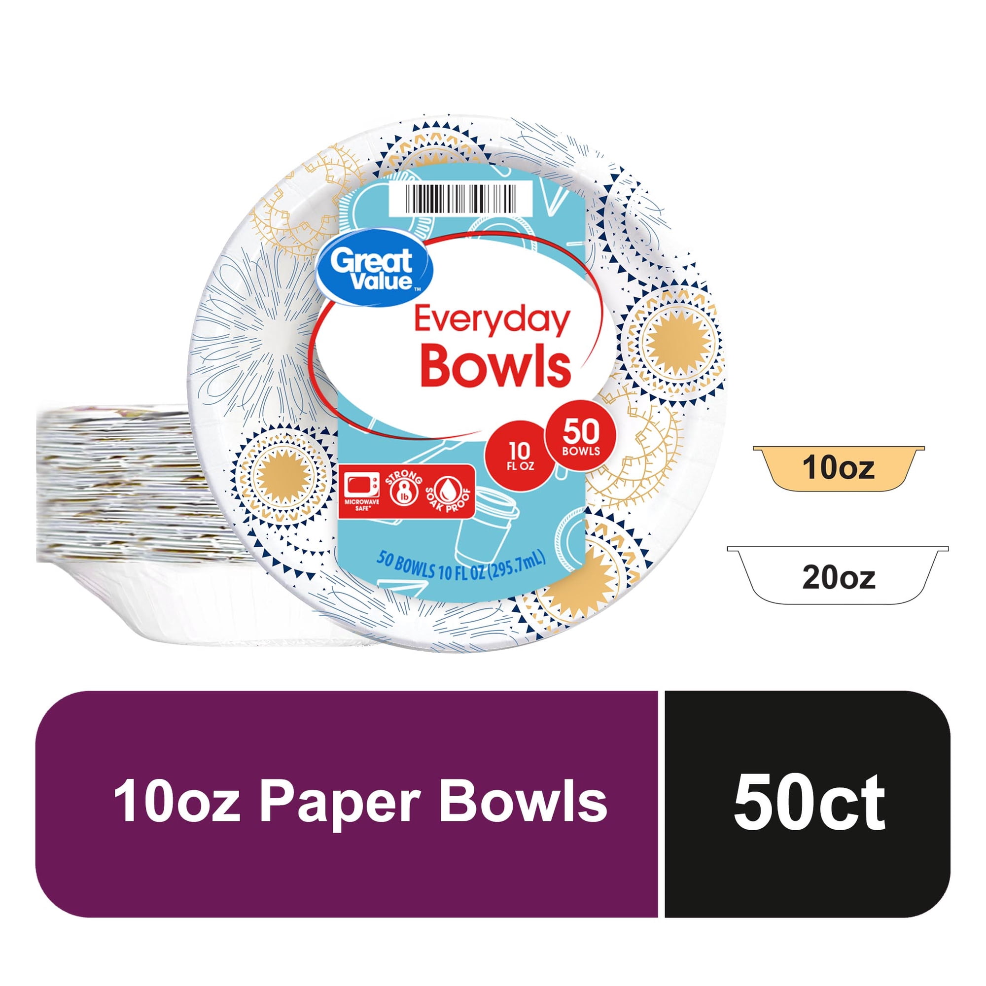 Great Value Everyday Disposable Paper Bowls, 10 oz, 50 Count
