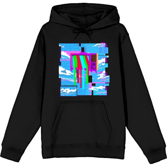 Y2K Tech Glitch, Melting TV Screen, Binary Code, and Cloudy Blue Sky Adult Black Long Sleeve Hoodie-XXL