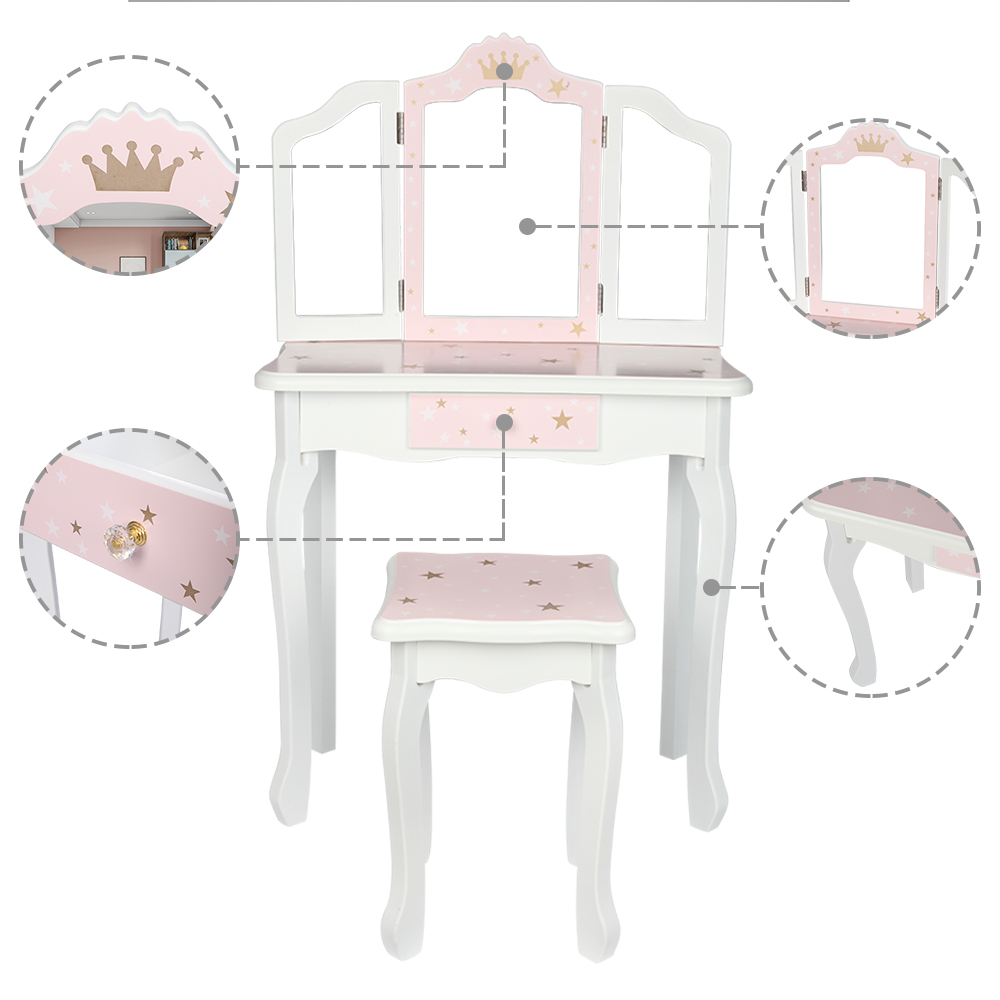 Pink Children's Vanity Table, Wooden Toy Makeup Vanity Set with Tri-Folding Mirror, Wood Dressing Table with Single Drawer, Storage Bedroom Furniture for Girls, Wood Make-Up Vanity Table Set, S6224 - image 2 of 8
