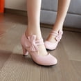 thumbnail image 3 of Zapatos de tacón rosa con punta redonda, tacones de gatito Lolita, correas de tobillo con lazo, zapatos gruesos de vestido de trabajo de baile a la moda de cuero PU, calzado de mujer, 3 of 4