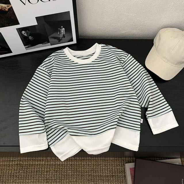 Sudadera con capucha para niños, moda, manga larga, cuello redondo, abrigo base, ropa holgada para niños, top de dos piezas falso a rayas versátil para niños, top de manga larga con cuello redondo, to