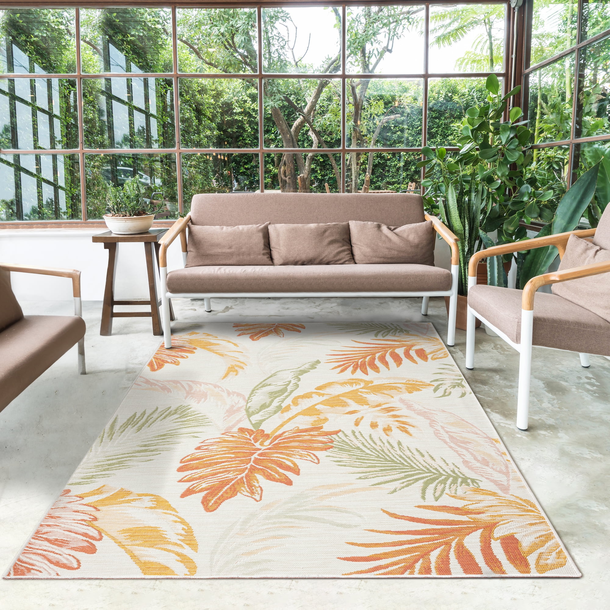 Ox Bay Cara Reversible Floral Polypropylene Performance Indoor/Outdoor Area Rug, Orange/Green/Ivory, 5'3" x 7'