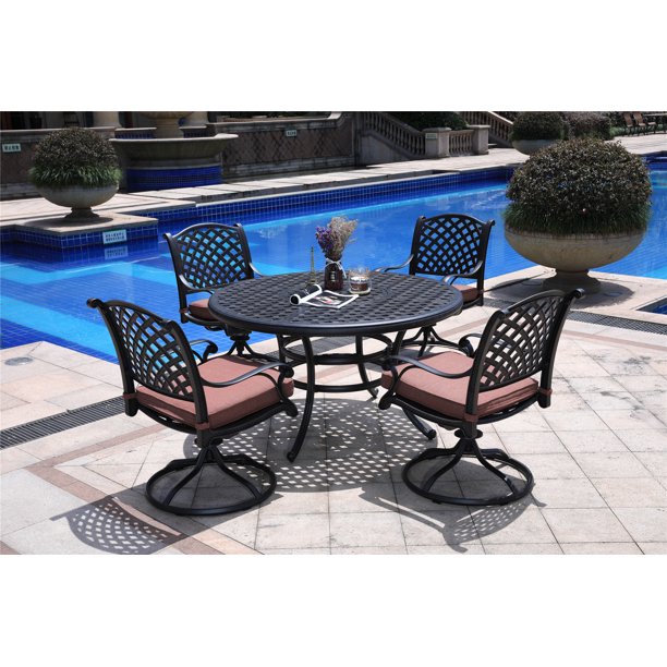 Hennessey Outdoor Patio Dining Set With Swivel Rockers Cast Aluminum 5 Piece In Brown Cushions Multiple Colors Com Hennessey Outdoor Patio Dining Set With, 5 Piece Patio Furniture With Swivel Chairs