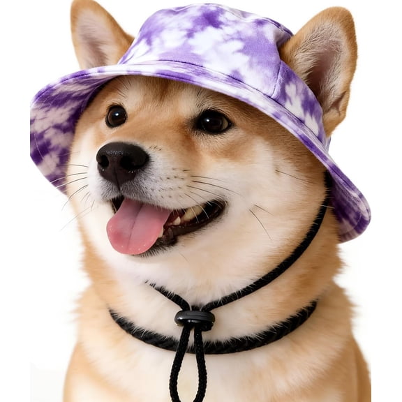 Dog Bucket Hat with Ear Holes, Adjustable Summer Beach Sun Cap for Dogs and Cats, Outdoor Walking (Purple S)
