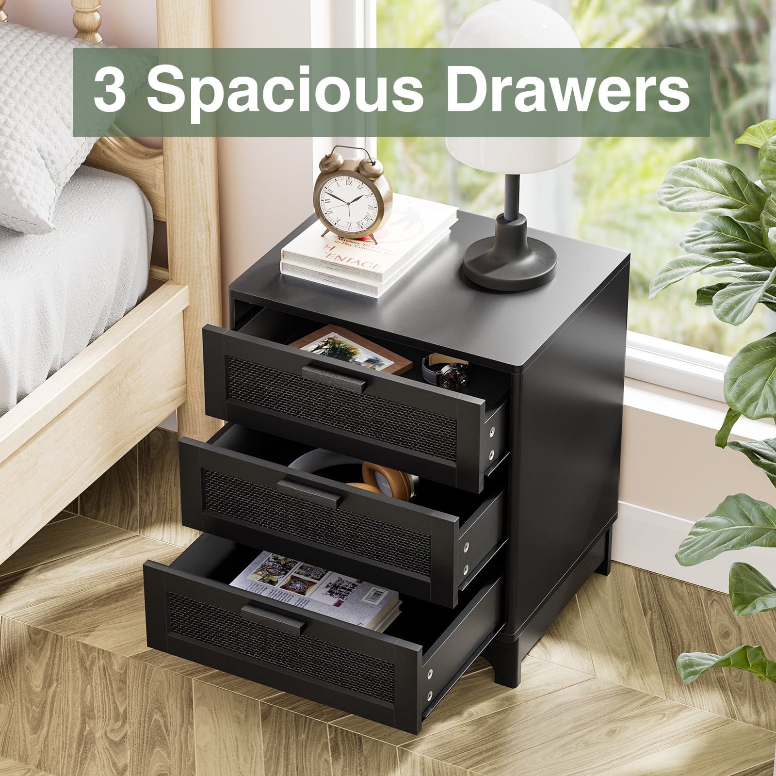 Eumyviv Tall Bedside Nightstand with 3 Drawers, Rattan Wood, Black