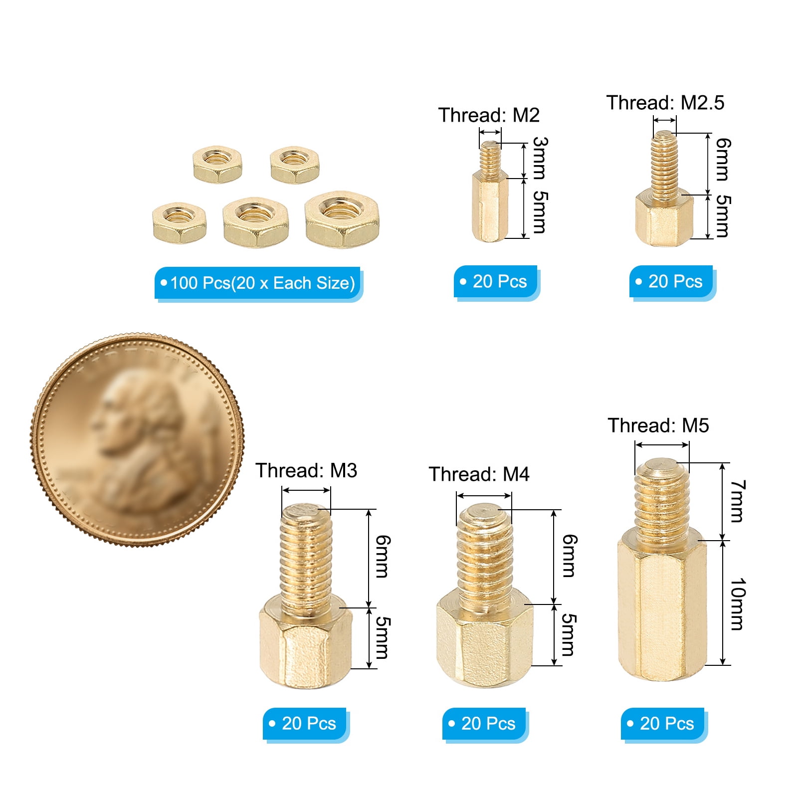 M2 M2.5 M3 M4 M5 10+3mm 10+6mm 15+7mm Standoff Screws, 100Pcs Male to Female Hex Brass PCB Standoff Spacer Screw Nut Assortment Kit for PCB Computer Circuit Board, Golden