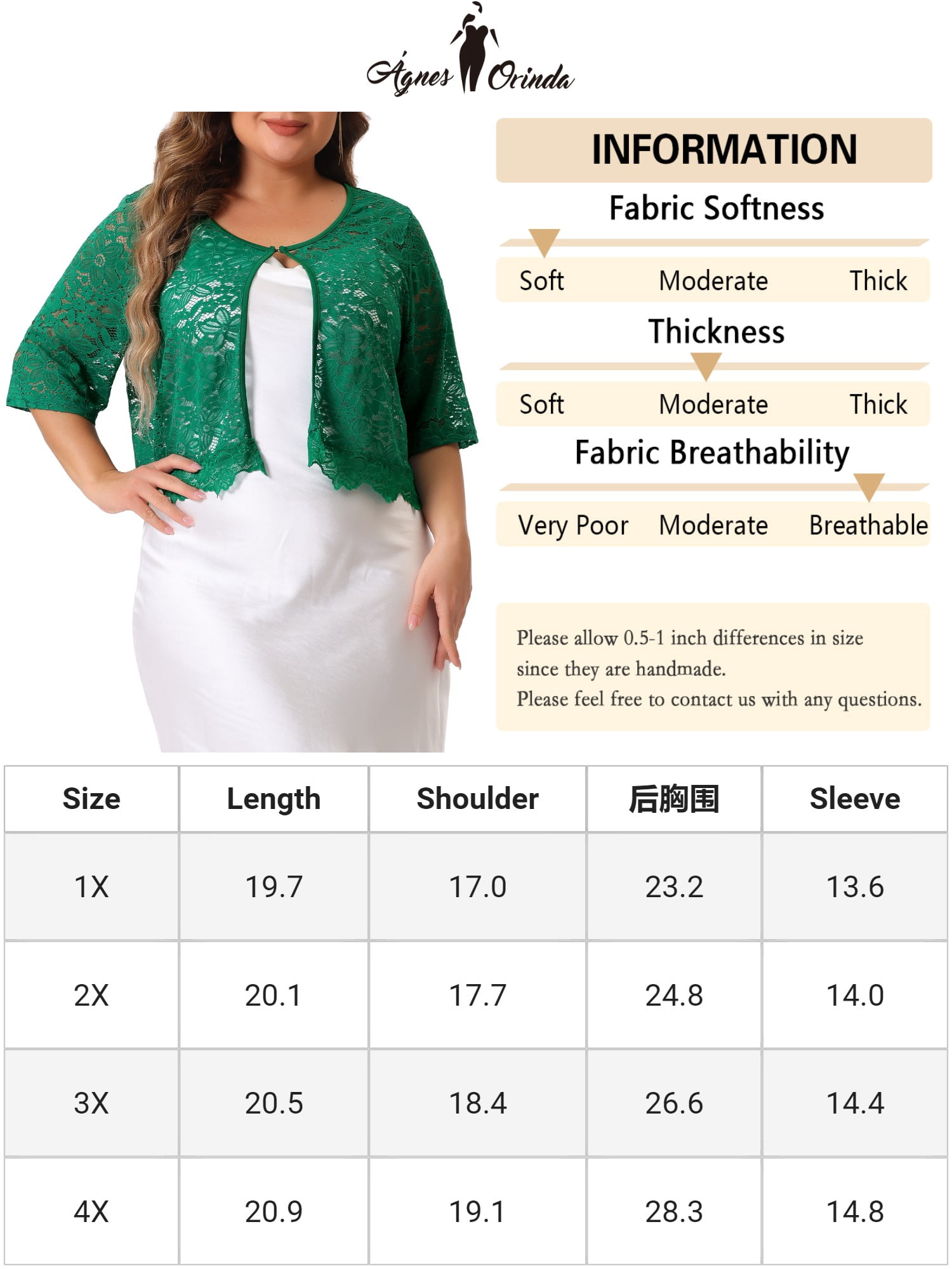 DARING DIVA Plus Size Fall Elbow Sleeve Lace Outerwear Shrug Top 4X Green