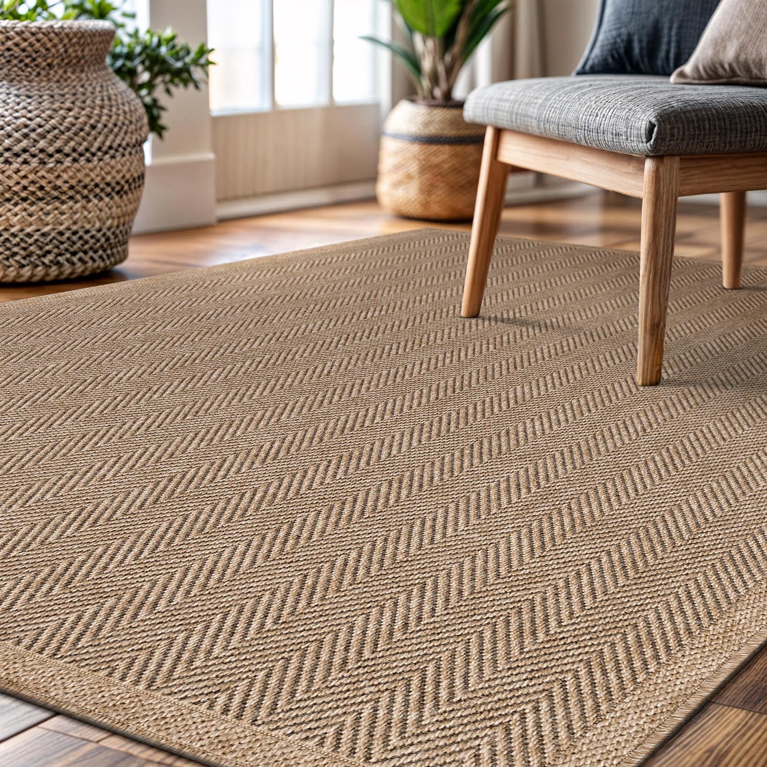 CAMILSON Easy Jute Rug Indoor Outdoor Farmhouse Area Rugs Herringbone-Natural 9x12