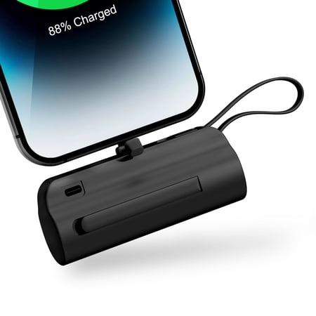 4500mAh Mini Portable Charger with Built in Cable, 2 in 1 Fast Charging Power Bank, Pocket Sized Essential for iPhone, Android On The Go(Black)
