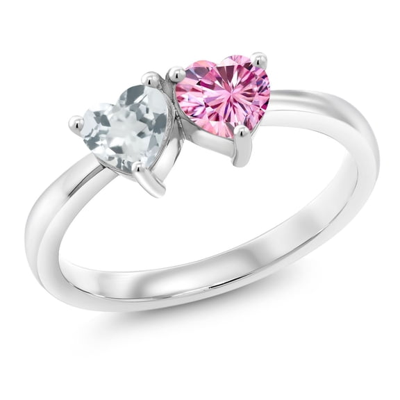 Gem Stone King 925 Sterling Silver Ring Heart Shape Sky Blue Aquamarine and Vivid Pink Moissanite (0.92 Cttw, Size 8)