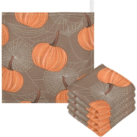 Coolnut 5 PCS Spider Web Pumpkin Baby Muslin Washcloths, Autumn Face Towel Burp Cloths Ultrasoft Absorbent Cotton Bath Wipes Towels for Newborn Boys Girls