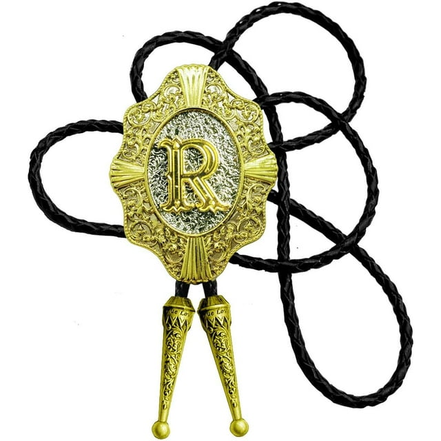 GHSDFBB Golden Initial A to Z in Flower Nursery Cowboy Bolo Tie with Cowhide Rope