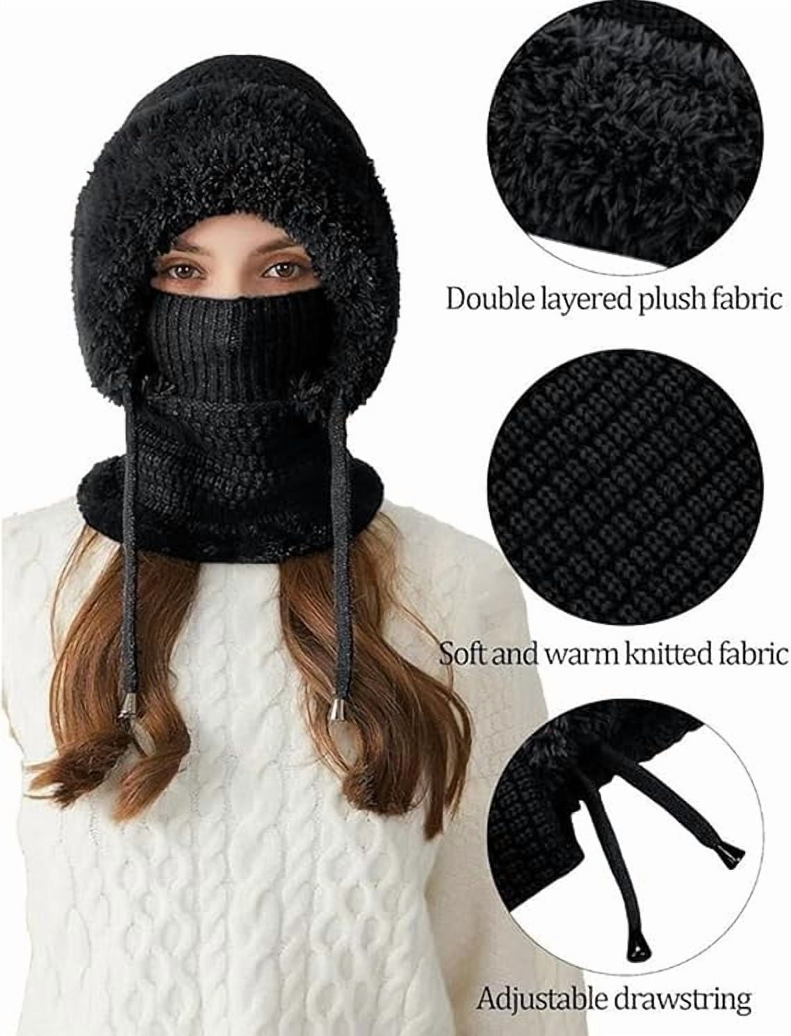 Choosemuc Hat, Women's Outdoors Windproof Scarf Hat, 3-in-1 Winter Balaclava for Women, Knitted Ski Scarf and Mask Set Khaki