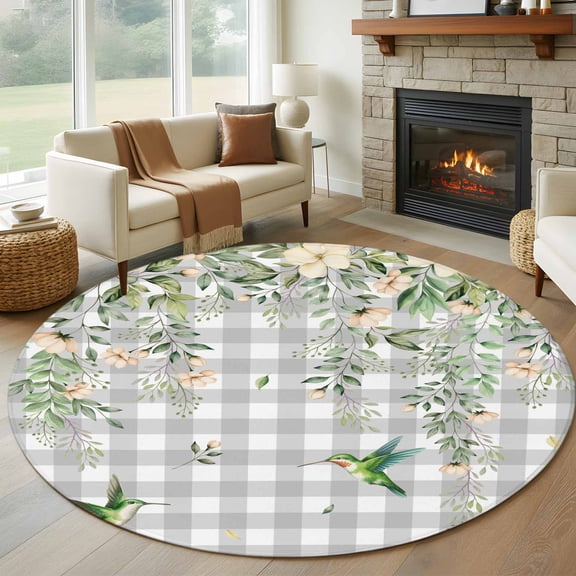 Round Rug 5Ft Washable Non-Slip, Watercolor Floral Circle Area Rugs for Living Room Bedroom, Spring Flowers Birds Plants Gray Plaid Indoor Floor Mats Carpet Runner for Home Decor Aesthetic