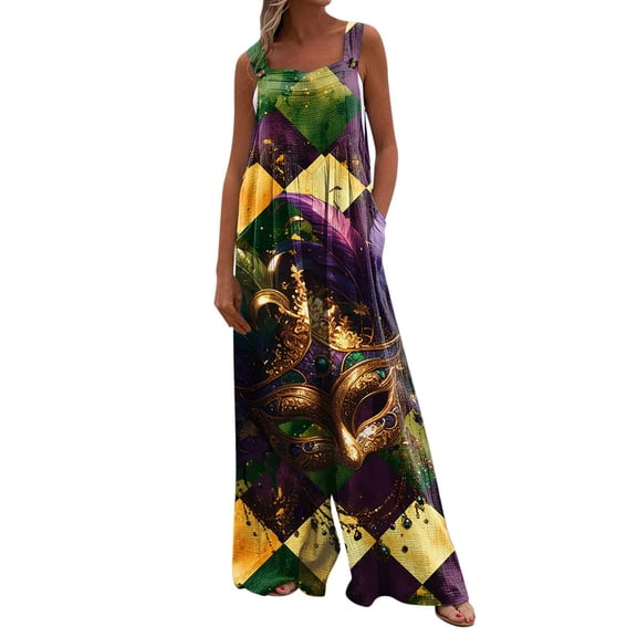 Women's Carnival Print Wide-Leg Overalls - Casual Loose Sleeveless Button Suspender Pants With Pockets, Army Green Size L
