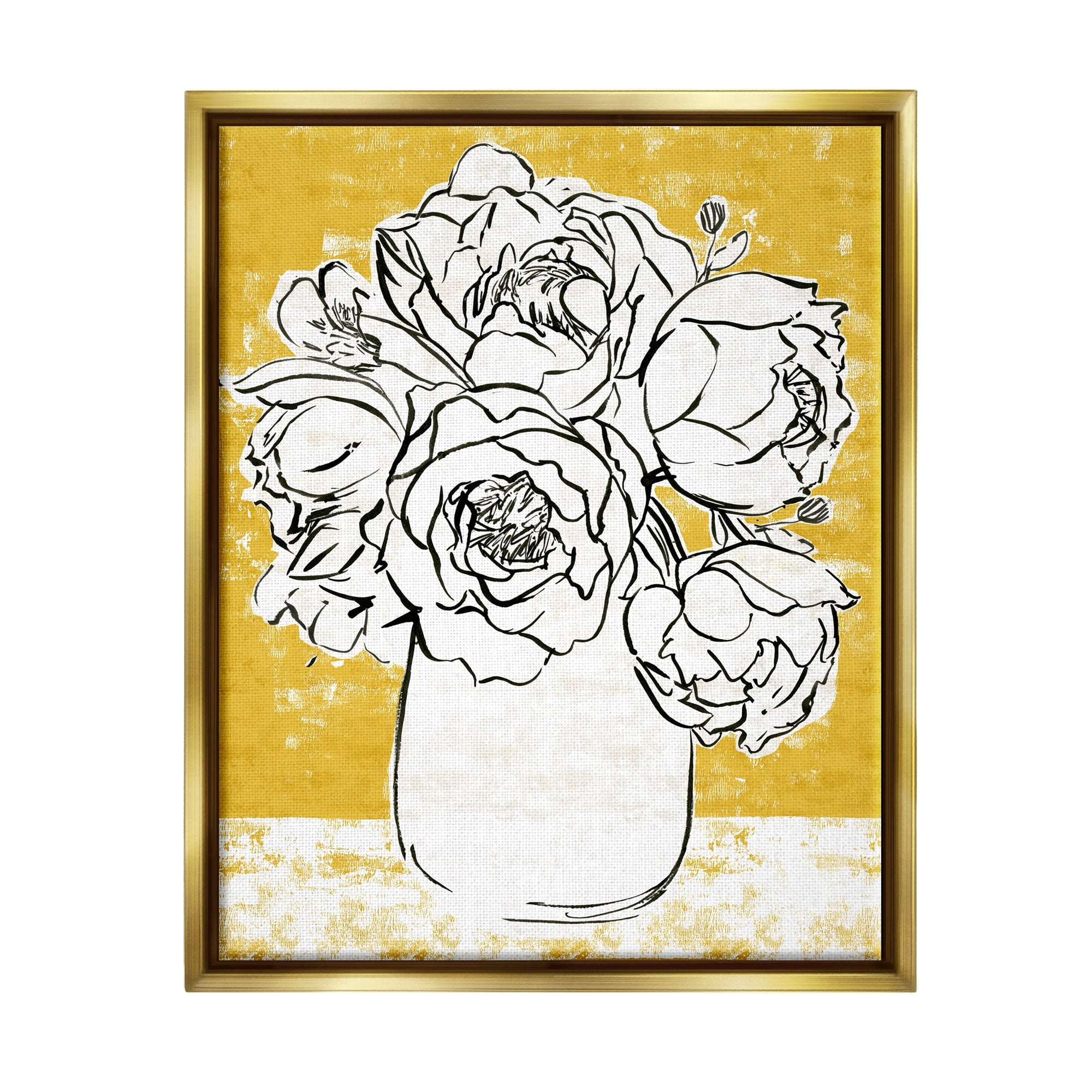 Stupell Industries Peony Sketch Bouquet Contrasted Distressed Yellow Metallic Gold Framed Floating Canvas Wall Art, 24x30, by Annie Warren