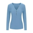 thumbnail image 5 of Htigea Women Long Sleeve Shirt Fall Tops V Neck Button Up Slim Fit Ribbed Knit Solid Color Casual Shirts Light Blue M, 5 of 8
