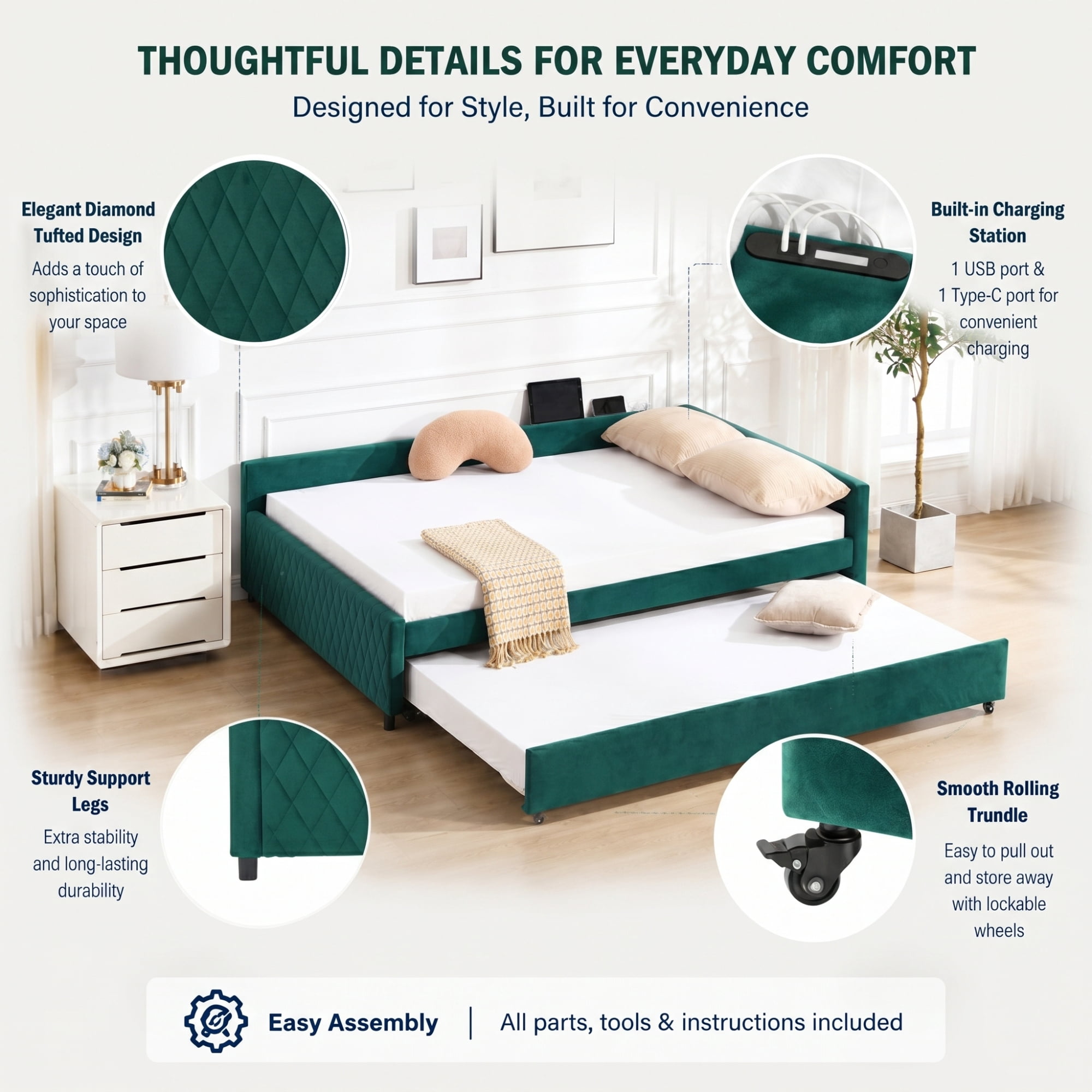 Leumius Upholstered Daybed with Trundle,Sturdy Wooden Bed Frame, Modern Diamond Grid Design for Bedroom Guest Room (Emerald)