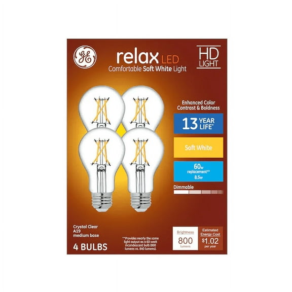 GE 51531 relax LED A19 Crystal Clear 60 watt equivalent Dimmable LED light bulb