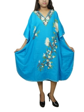Mogul Women's Blue Caftan Dress Floral Embroidered Bohemian Fashion Loungers Nightgown Maxi Dresses One Size