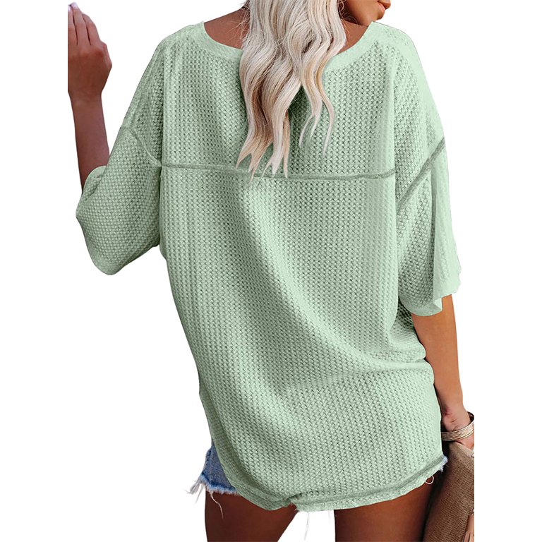 JustVH Women V Neck Dolman Sleeve Top Waffle Knit Casual Loose