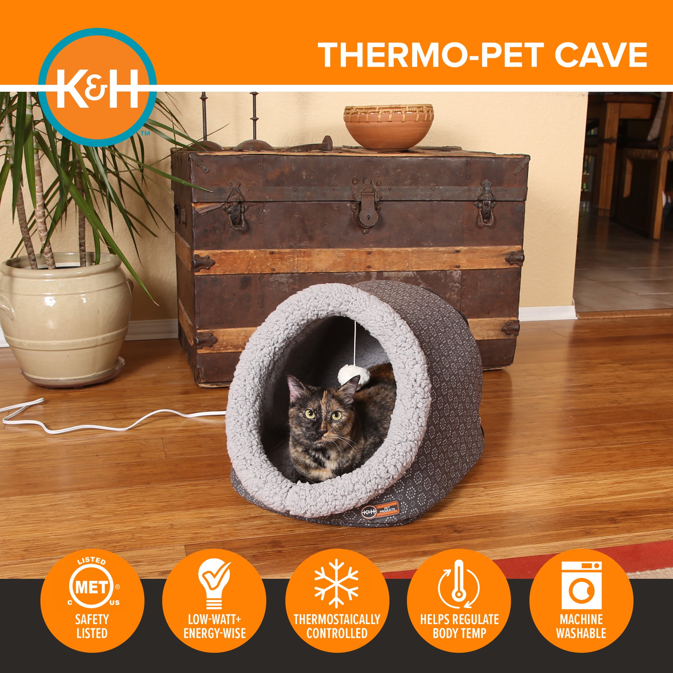 K&H Pet Products Thermo-Pet Cave Cat Bed Heated Gray/Geo Flower 17 X 15 X 13 Inches