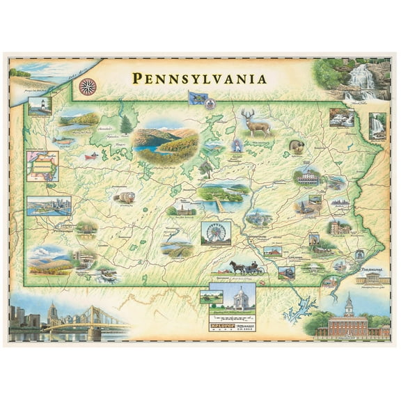 Xplorer Maps Pennsylvania State Hand-Drawn Map Poster - Authentic 24x18 Inch Vintage-Style Wall Art - Lithographic Print with Soy-Based Inks - Made In USA - Neutral Colors