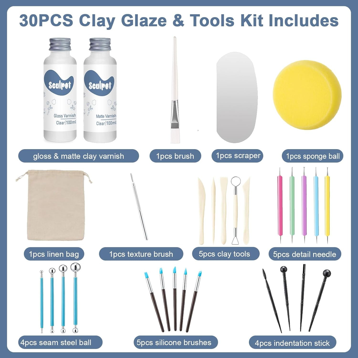 Air Dry Clay Varnish with Clay Tools Kit, 2 x 3.4 fl oz, Gloss & Matte Clay Glaze for High Luster Scratch Resistant, Waterproof, Pottery Polymer Clay Tool kit to Sculpting, Modeling, Shaping