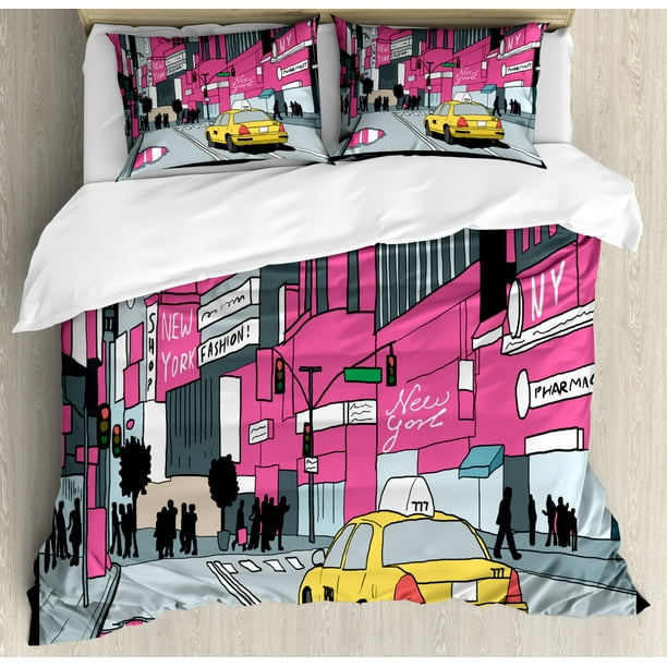 New York Duvet Cover Set King Size, View of Manhattan and a Taxi Cab at