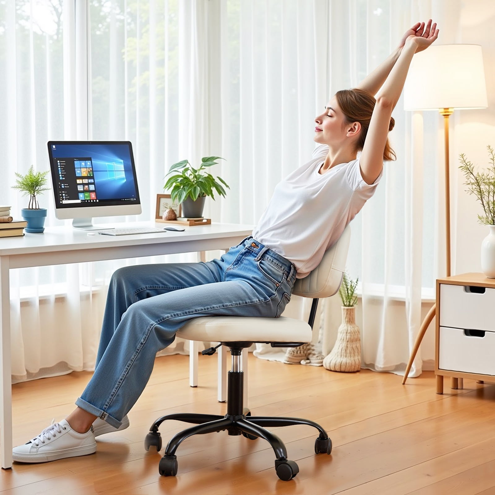 Cute Task Chair, Adjustable Armless Activity Chair with Wheels, Comfy Low Back Swivel Desk Chair, White