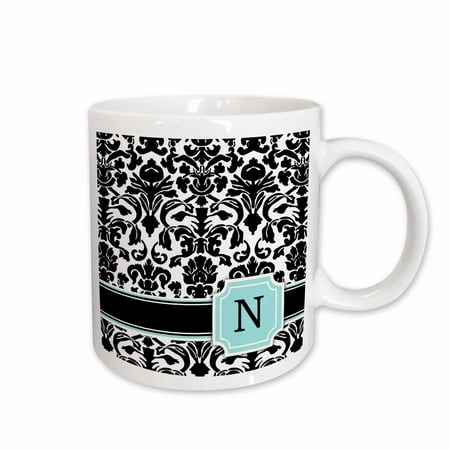 

3dRose Letter N personal monogrammed mint blue black and white damask pattern - classy personalized initial Ceramic Mug 15-ounce