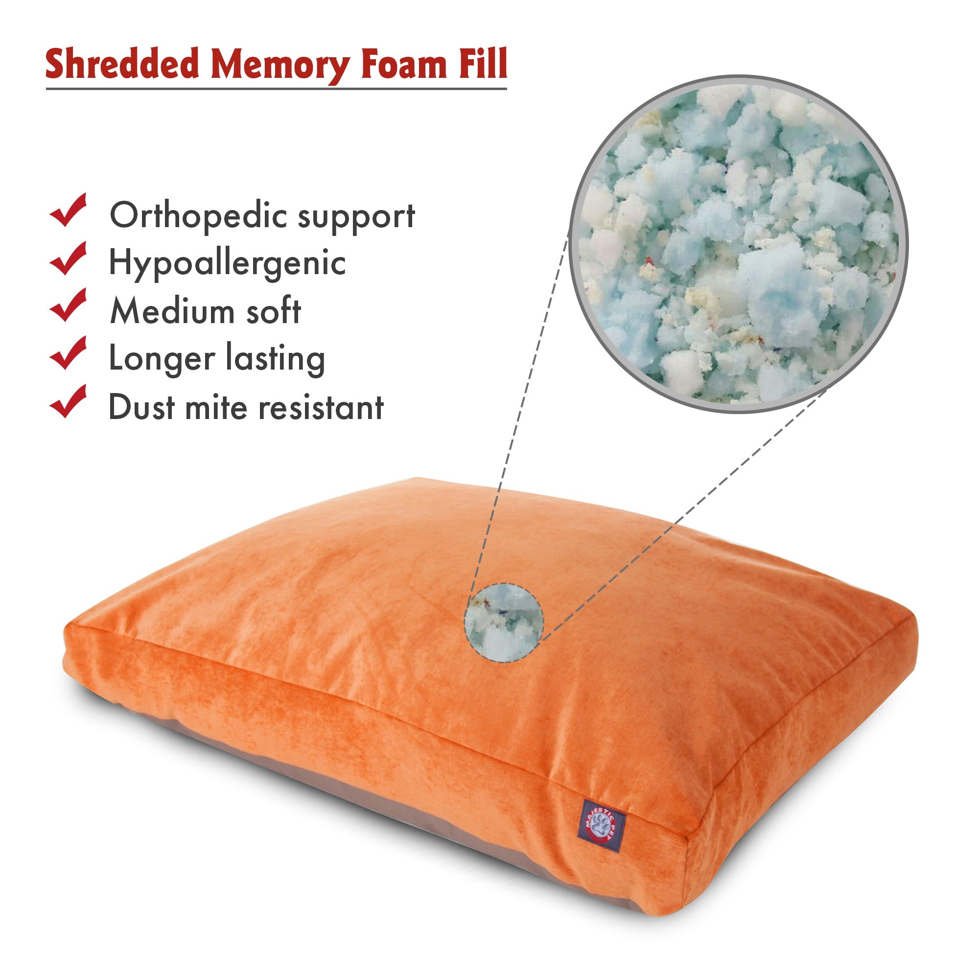 Majestic Pet | Villa Velvet Shredded Memory Foam Rectangle Pet Bed For Dogs, Removable Cover, Orange, Large