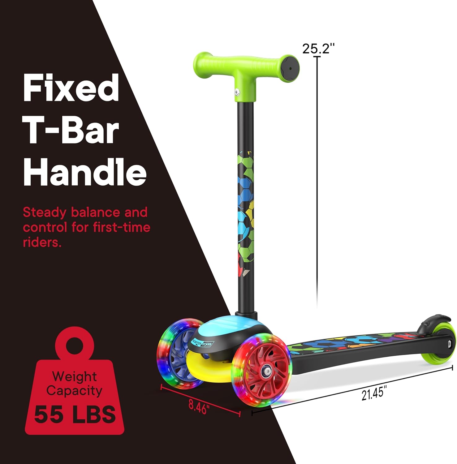 Scooter Stars 3-Wheel Kids Scooter with Light-Up LED Front Wheels, Wide Anti-Slip Deck, Rear Foot Brake, Lean-to-Steer Ride-On Toy