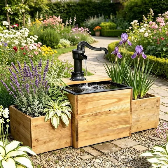 ORFELD 36"x17"x10" Garden Bed with Electric Decorative Hand Pump, Durable Flower Planter Box for Outdoors, Gardens, Patios, Backyards