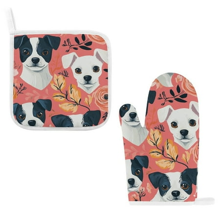 

ZZZHY Playful Rose Dog -259 Oven Mitts and Pot Holders Sets Heat Resistant Oven Gloves Cute Kitchen Mitts for Oven 2-Piece Baking Gloves Set for Cooking Grilling Baking