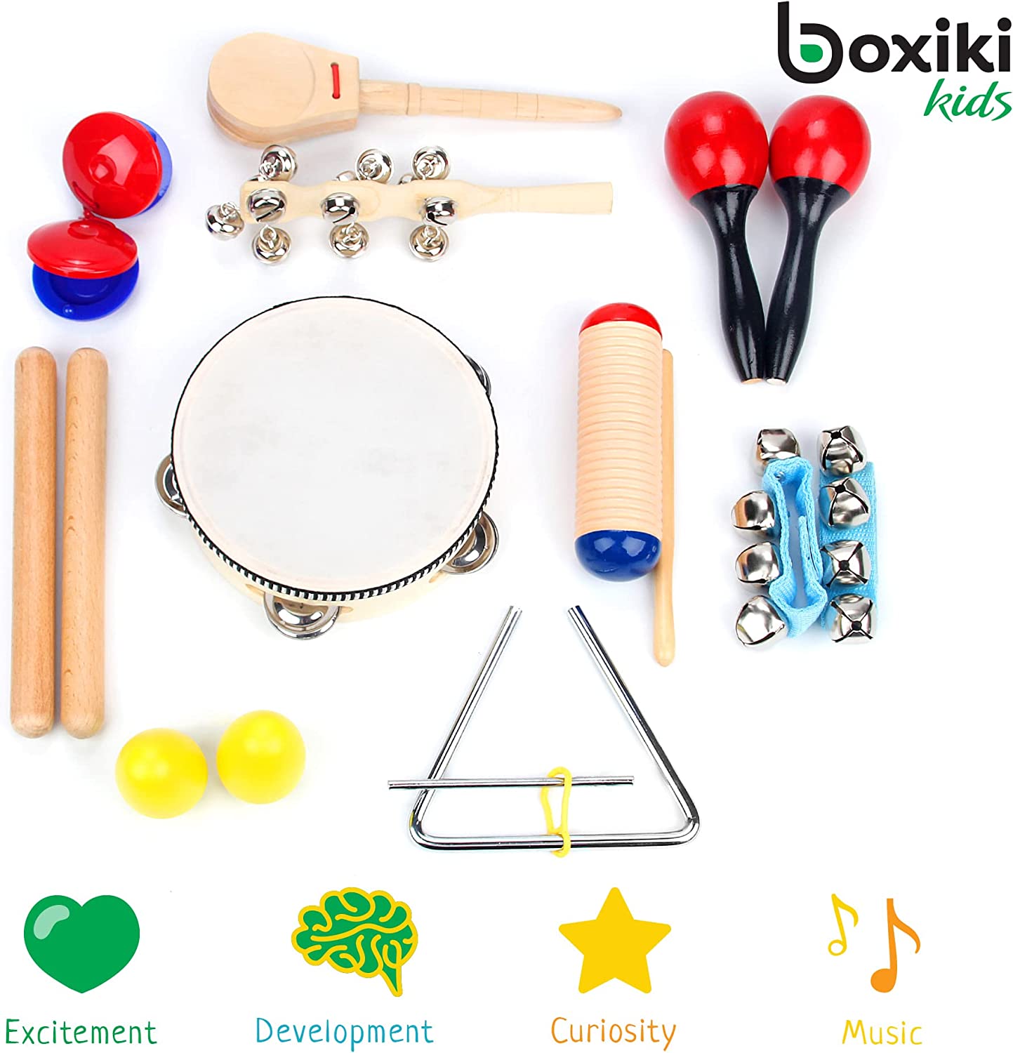 Musical Instruments Set of 16 PCS by Boxiki Kids. Rhythm & Musical Toys for Toddlers 1-3 Years Old. Includes Clave Sticks, Shakers, Tambourine, Wrist Bells & Maracas for Kids. - image 3 of 15
