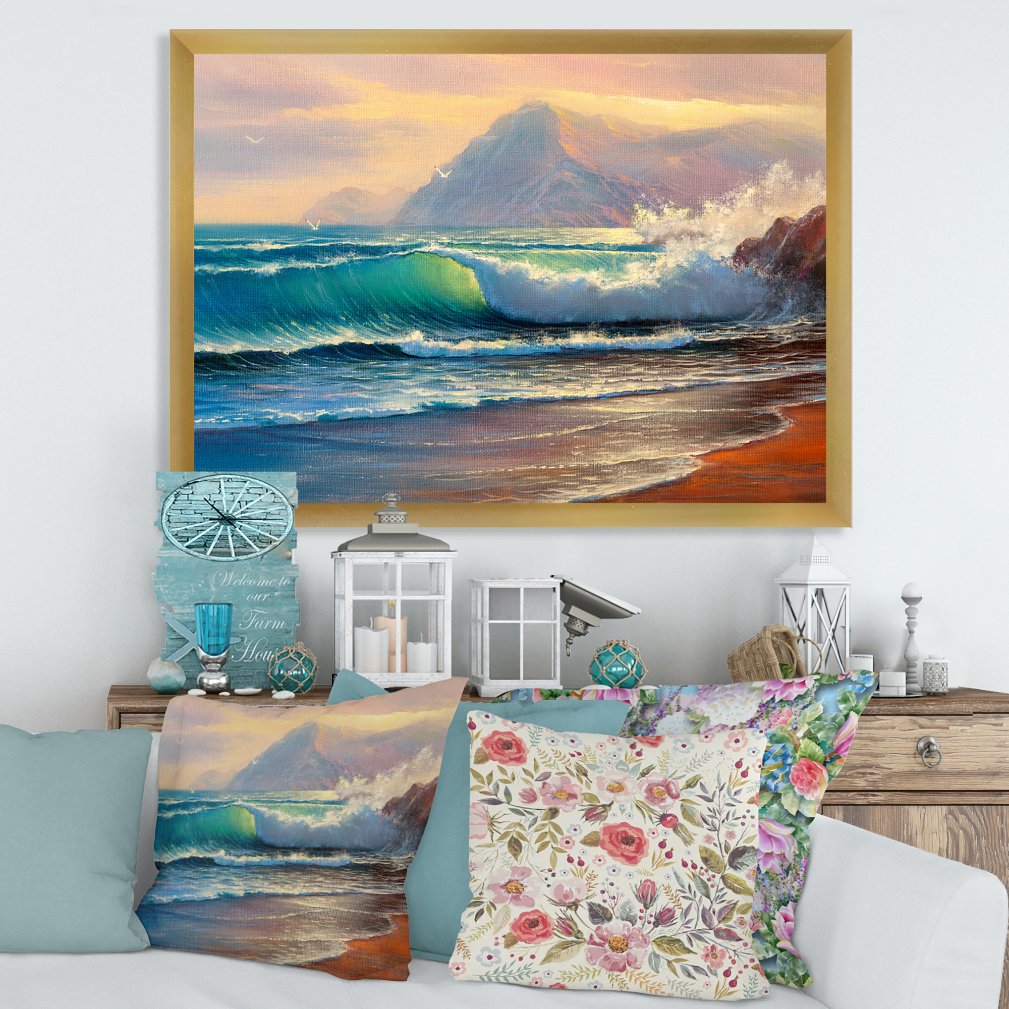 Designart 'Sunrise Glow On The Sea Waves III' Nautical & Coastal Framed Art Print