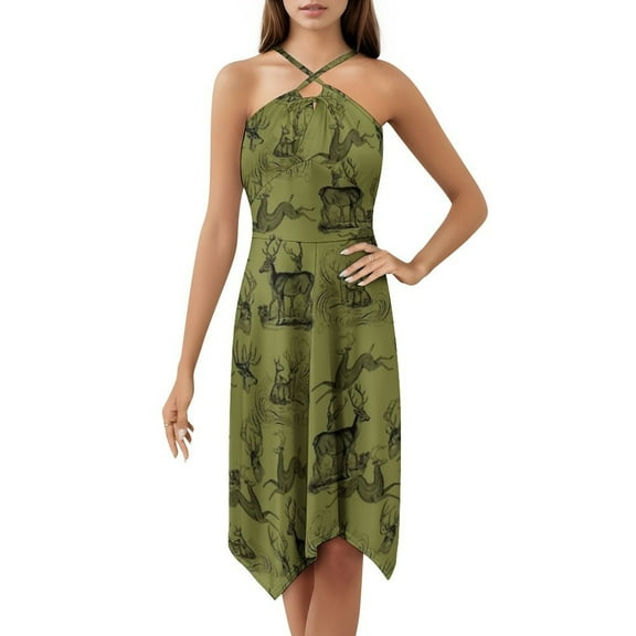 Rustic Woodsy Vintage Deer Outdoors Nature Theme Pattern Dress Elegant Party Dresses Evening Dresses Women Dress Long Dresses Sleeveless Dress Ladies Dresses
