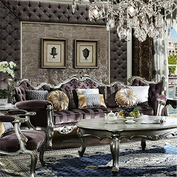 ACME Picardy Sofa with 8 Pillows in Velvet and Antique Platinum