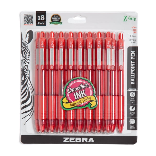 Zebra Pen Z-Grip Bolígrafo Retráctil, Punta Media De 1,0 Mm, Tinta Roja, Paquete De 18 (22318)